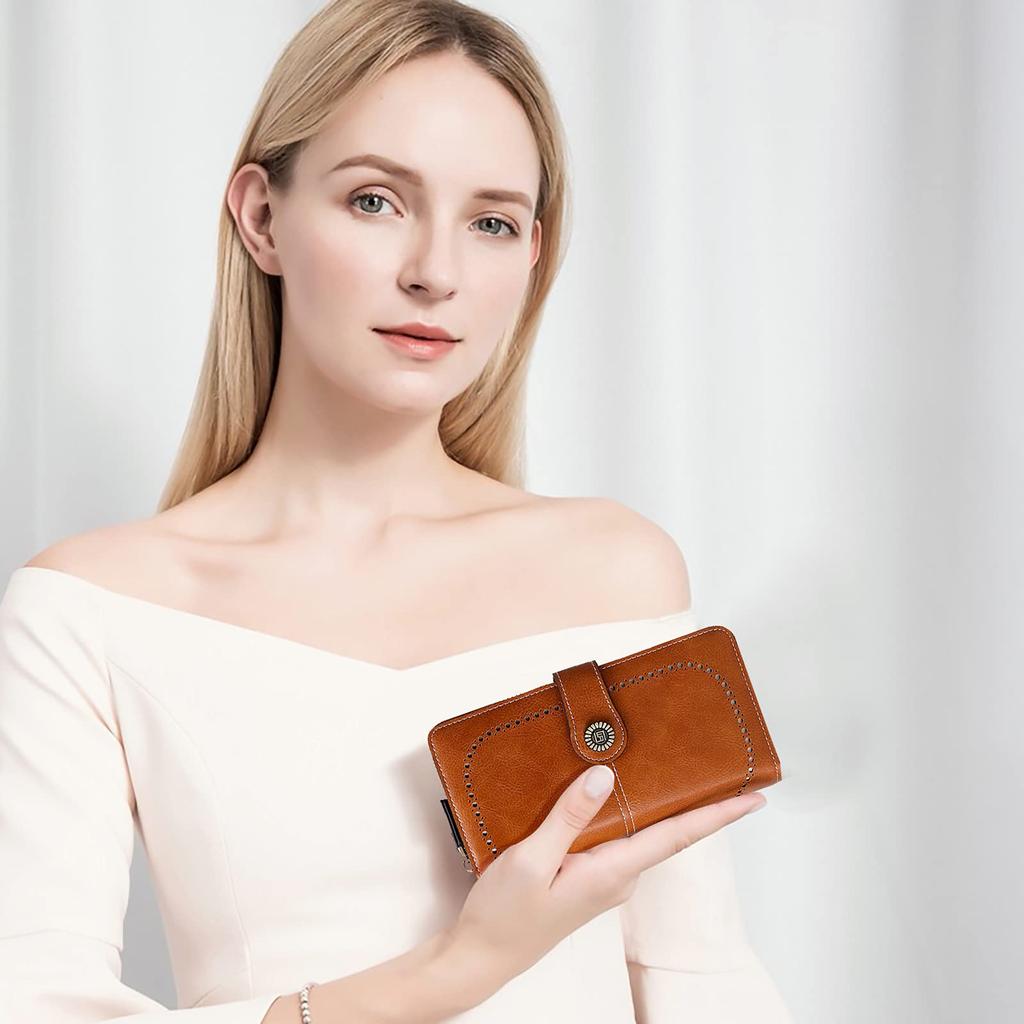 FORRICA Long Wallet with Coin Retro Round Bill PU Brown Women's RFID-Skimming-Proof Zipper, Purse, Style, Zipper, Compartment, Leather,