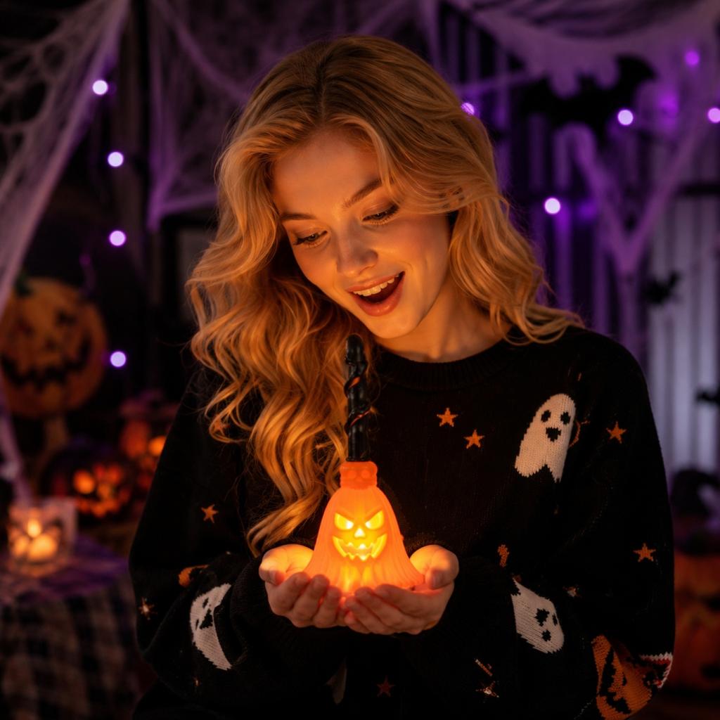 Halloween Ghost Night Light Decorative Figurine with Pumpkin Shape LED Lighting for Holiday Indoor Tabletop Display