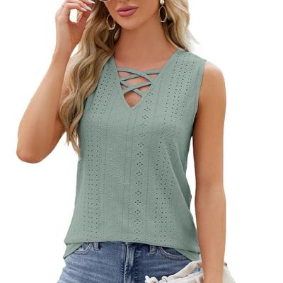 Spring Summer Sleeveless Blouse Women's Solid Color Jacquard Tied V-Neck Tank Top