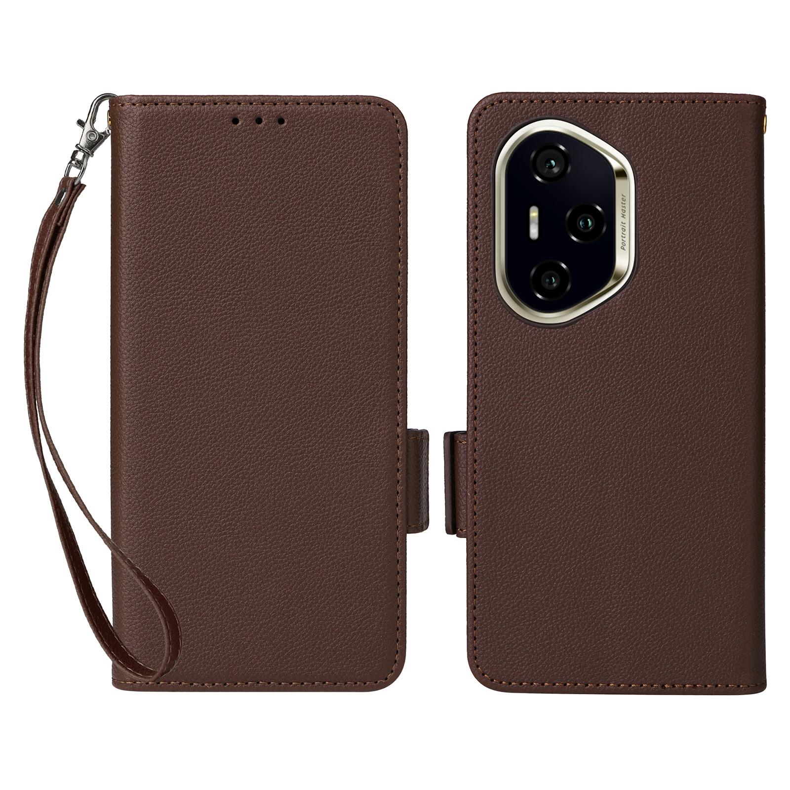 

For Honor 300 Pro/300 Ultra Case with Wrist Strap Litchi Texture PU Leather Wallet Phone Cover Brown