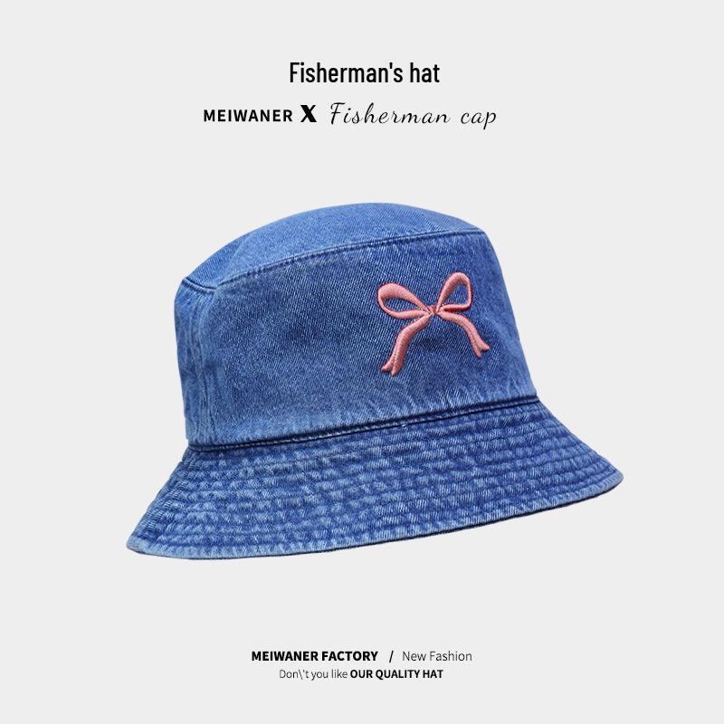 Women's Spring/Summer Bowknot Denim Fisherman Hat - Casual & Versatile Outdoor Sun Hat