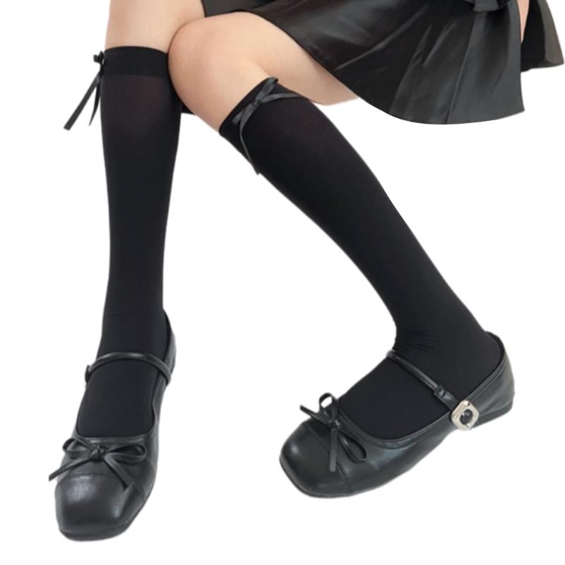 Ballett Elegante Samt Over-the-Calf Lange Socken für Damen Mädchen Süße Band Schleife Einfarbig Oberschenkelhohe Strümpfe