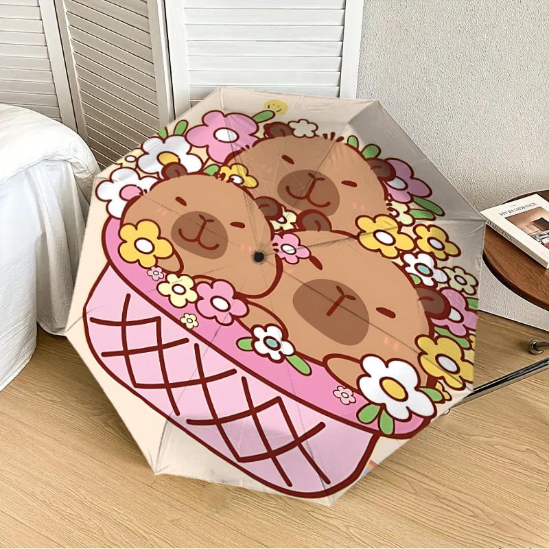 

1PC Capybara Floral Basket Automatic 8-Bone Folding Umbrella - Durable Polyester & Iron Frame,Userfriendly Operation y250929158