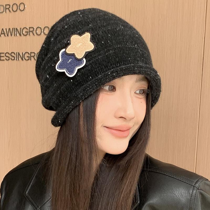 New Versatile Hat for Women with Big Head and Face Small Pile of Hats  Korean Style Star Knitted Pullover Hat Warm Wool Hat