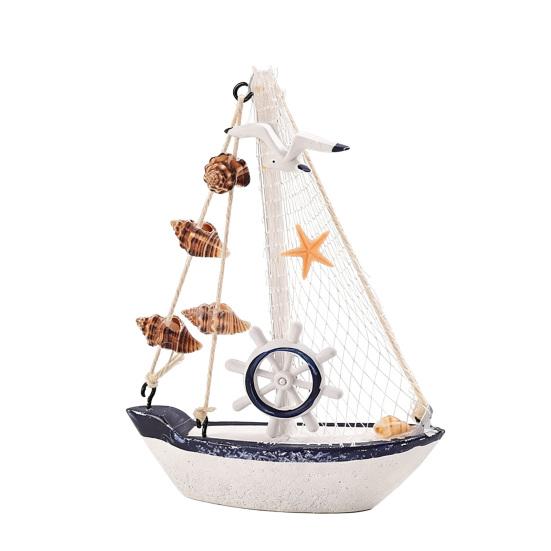 Mini Sailboat Model Nautical Resin Sailing Boat Decoration with Shell Starfish Rustic Vintage Beach Ocean Theme Ship Ornament for Home Office Bedroom