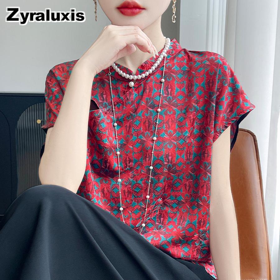 Silk Charmeuse Printed Short Sleeve Top Women's Mandarin Collar Cheongsam Shirt
