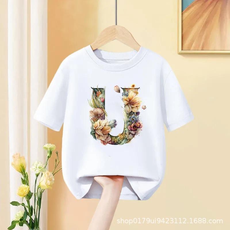 Floral AZ Kids Tshirt 26 Letters Cute ABCD Cartoon Short Sleeve Tee for Girls Summer Fashion Polyester Fabric