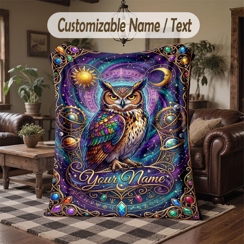 Ethereal Owl Dreamscape Theme Throw Blanket Custom Name Text Personalized Blanket Soft Cozy Blanket for Home Sofa Bed