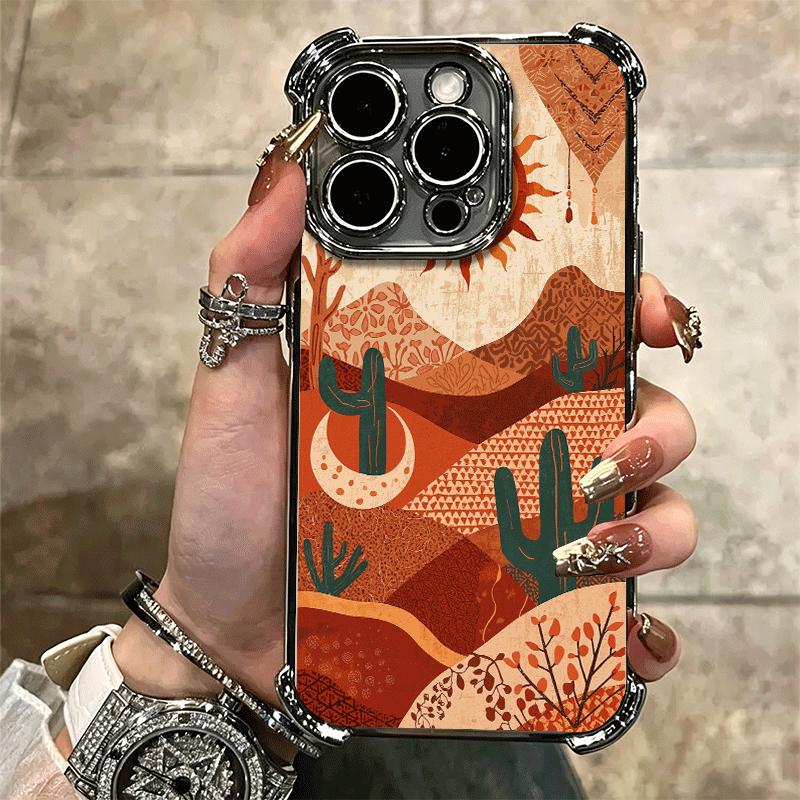 Cactus Pattern Plating Phone Case For Iphone 16 17 Pro Max Air 16E 14 15 Plus 12 13 Mini Anti-Fall Airabag Cover