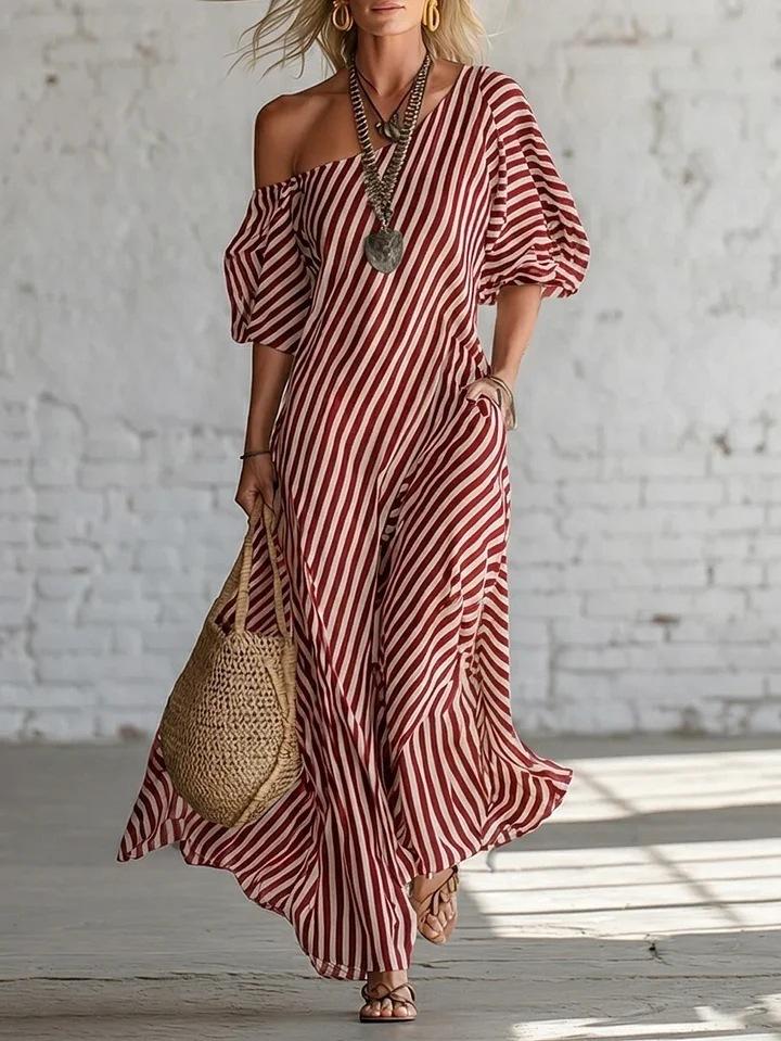 2026 European and American independent station women's fashion spring elegant striped off-the-shoulder dress blue