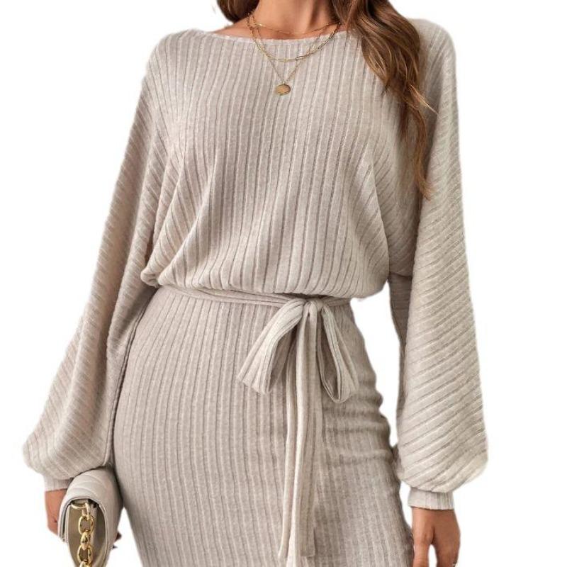 Autumn Women's Belt Decorated Bat Long-sleeved Pit Strip Wool Knit Dress
