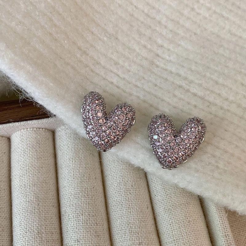 HEFANG Tulip Sterling Silver Heart Stud Earrings with Full Diamond and Epoxy Design.