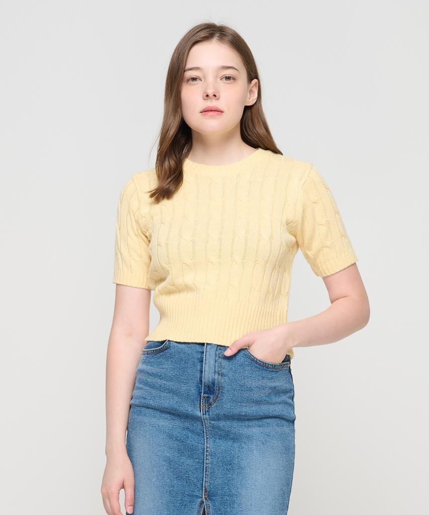 ROIDESROIS Cable Knit Short Sleeve Crop Knit (Yellow)