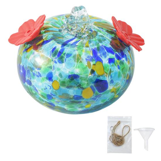 Stained Glass Hummingbird Feeder Droplet Shaped Hanging Birds Feeder Hummingbird Feeder with 2 Flower Feeding Ports for Outside Garden Courtyard