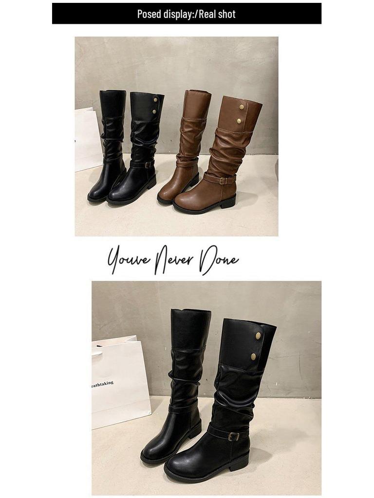 Jesienno-zimowe kozaki za kolano typu slouch z klamrą paska i masywnym obcasem - styl kowbojski