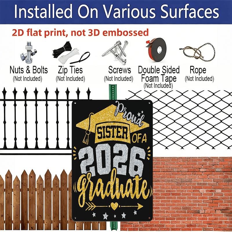 2D Flat, 1pc "Proud Sister of A 2026 Graduate" Aluminium Sign - 8"x12" Glitter Graduation Decor, Gold & Silver Grad Cap Wall Art, Perfect for 2026