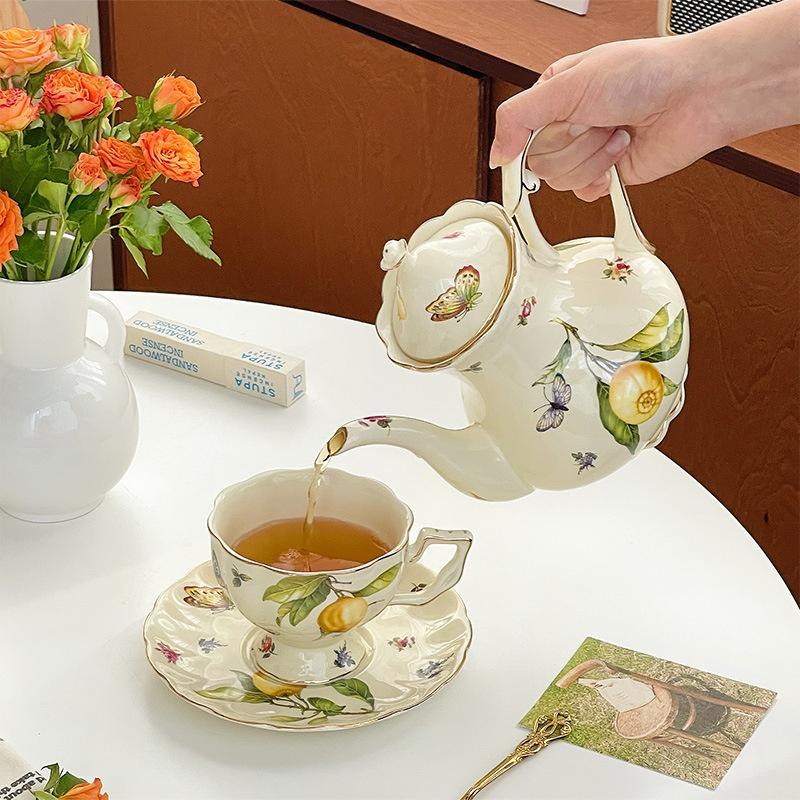 European Coffee Cup and Saucer Teapot Afternoon Tea Cup Lemon Pattern Ceramic Teacup Kettle Dessert Plate Drinking Utensil Gifts