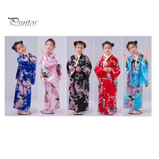 1 Set traditioneller Kimono-Pyjama für Mädchen, lebendige Farben, floraler Pfauendruck, einfach zu tragen, bequemer Kimono