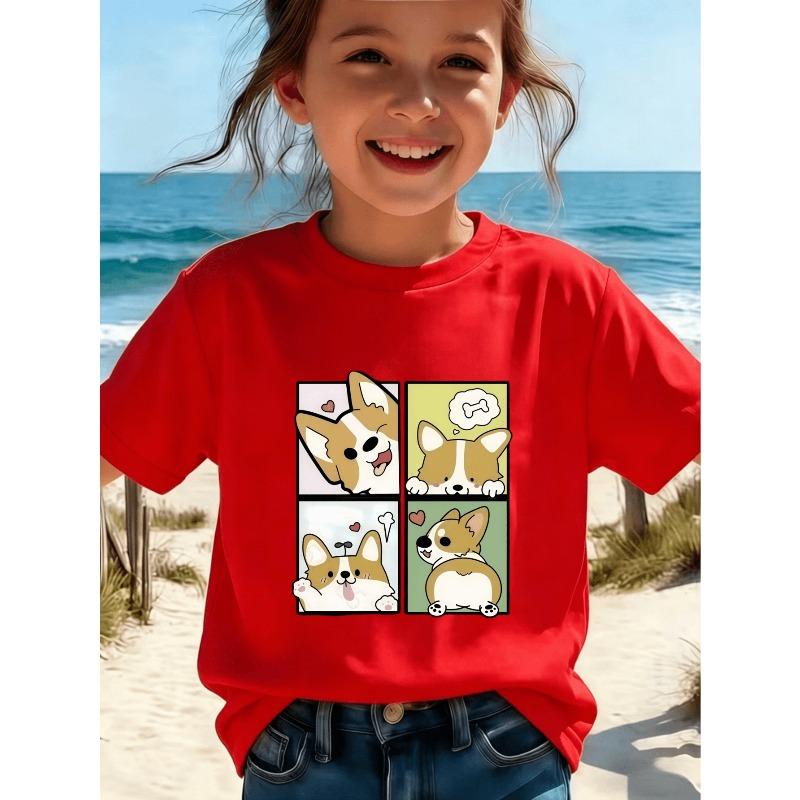 European sizes Girls' 4-Panel Cute Corgi Print Short Sleeve T-Shirt - Casual Round Neck Regular Fit, Soft Cute Multiple Expression