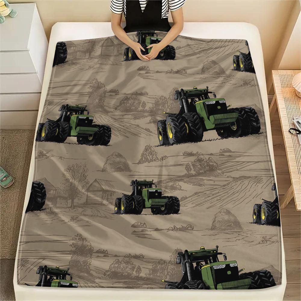 1Pc John Green Tractor Print Flannel Blanket, High Quality Comfortable for All Seasons, Home Decor, Warmth and Comfort, Perfect for Christmas Gifts