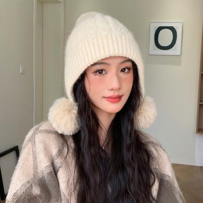 Nová dámska čiapka z králičej kožušiny, pletená vlnená čiapka s tromi guľami a perlami, zimná teplá čiapka na ochranu uší pred chladom, trendy
