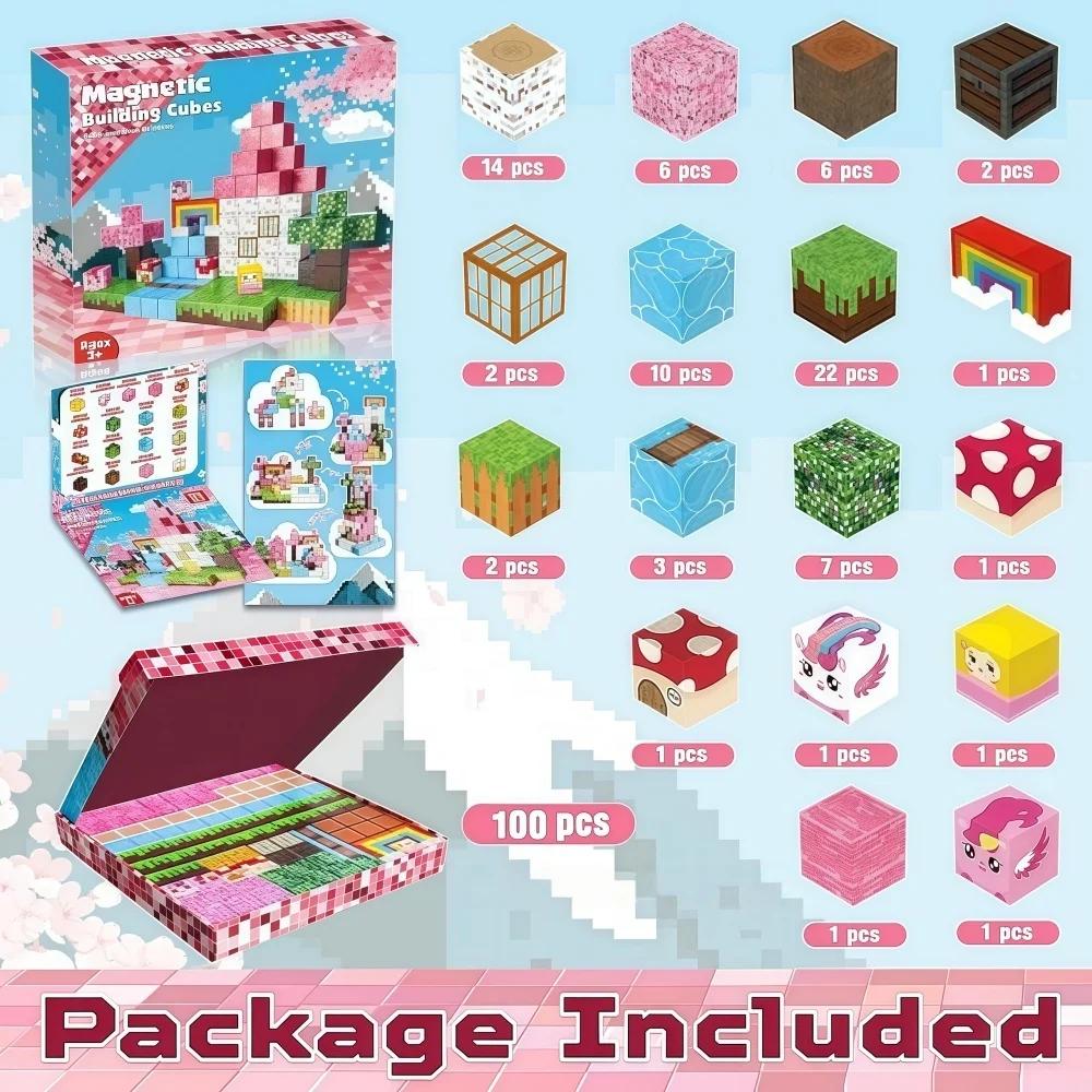 

Non-Toxic Pink Children Magnetic Blocks 100Pcs Rainbow Forest Free Assembly 3D Creative Diy Stem Educational Toy Holiday Gift Exquisite Box