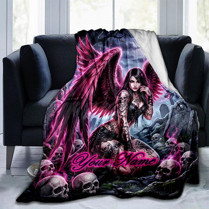 1PC Custom Name Gothic Angel Skulls Night flannel blanket versatile,all-season throw suitable for the living room,bedroom,camping,travel,and gift
