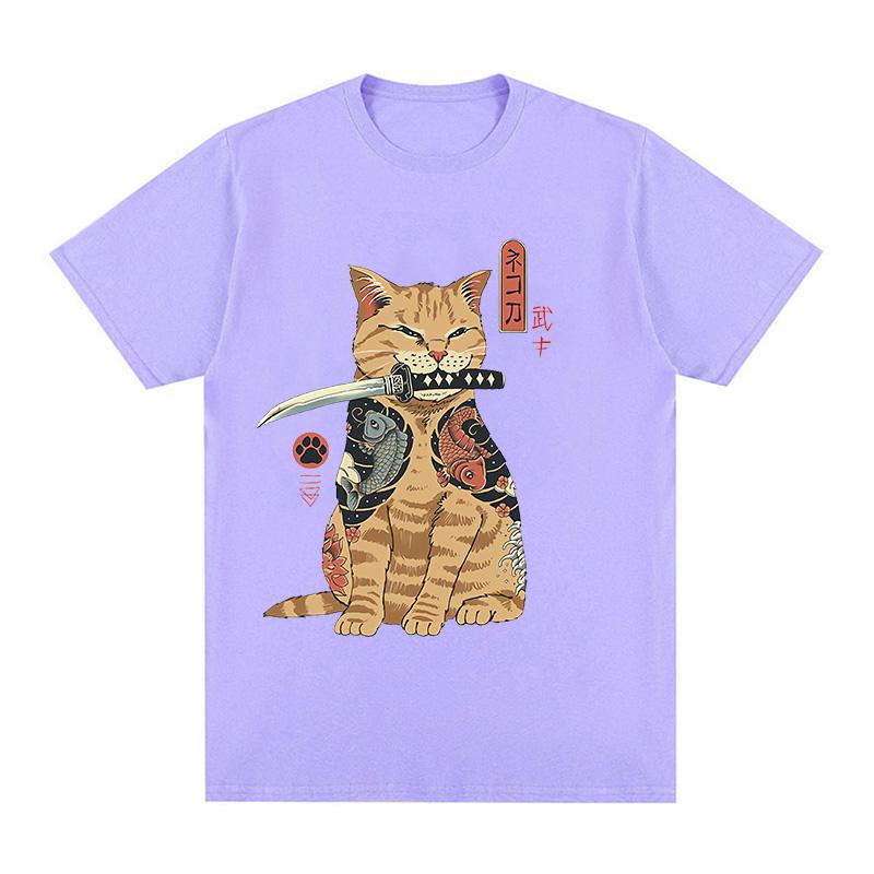 Funny Cotton Japanese Samurai Cat T Shirt Lover T Shirts Cat T-Shirts Retro Casual Short Sleeve Tshirt Unisex Women Clothes