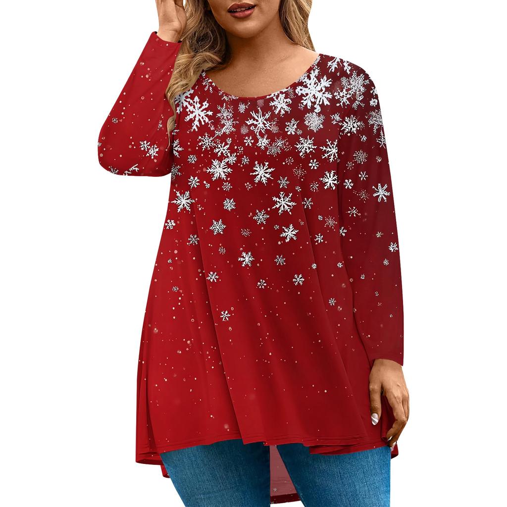 Women's Fashion Large Size Round Neck Long Sleeve Casual Christmas Print Loose Pullover Top