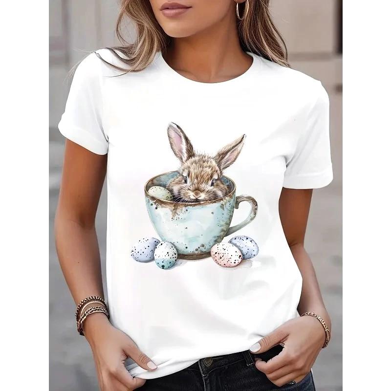 

Easter Bunny Print Summer Casual Tshirt Round Neck Pure Short Sleeved Sports Tee Womens Round Neck Holiday Trendy Top S