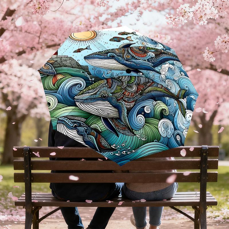 1PC Whale Ocean Automatic Open/Close Umbrella with Windproof, 8-Rib Sturdy Canopy, Durable Ribs, Fashionable Design, Outdoor Accessory, Fun Prin, Holi