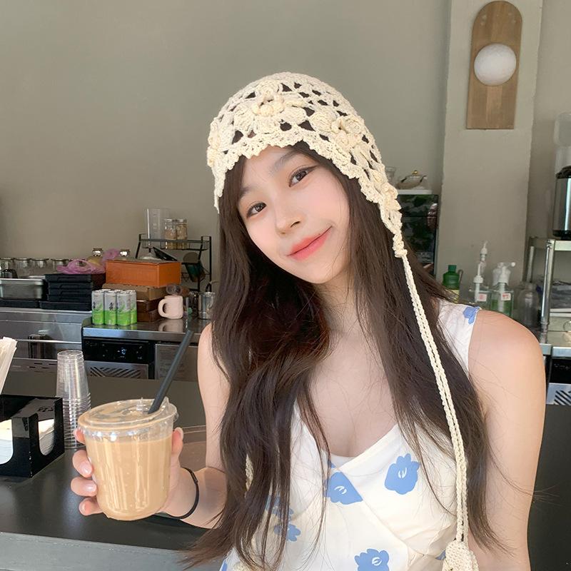 Wool Hat New Style Knitted Handmade Hat for Women Handmade Hook Flower Hat for Women Hollow Knitted Head Hat