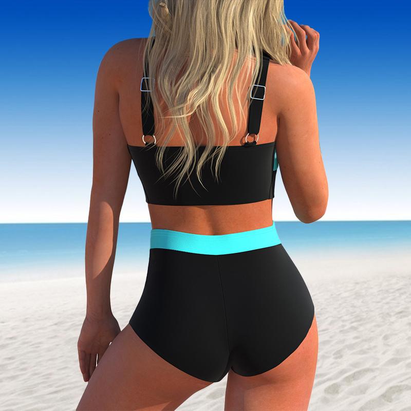Women's Swimwear Tankini 2 Piece Swimsuit Black Blue Heterochromatic Color Print Vacation Bathing Suits