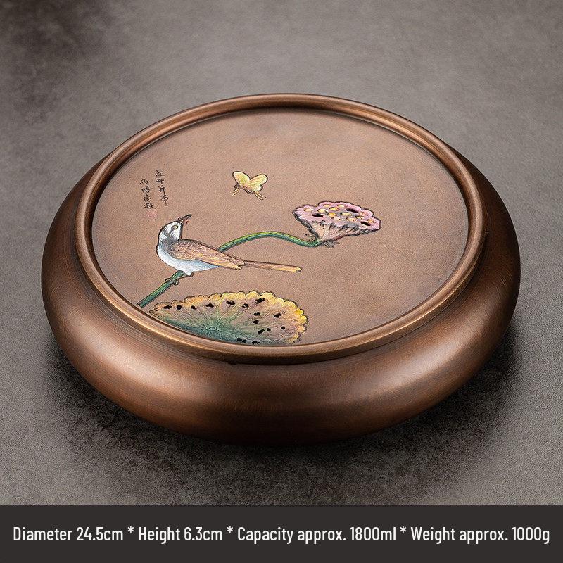 Hand-Painted Retro Bronze Round Tea Tray with Rooster Design
