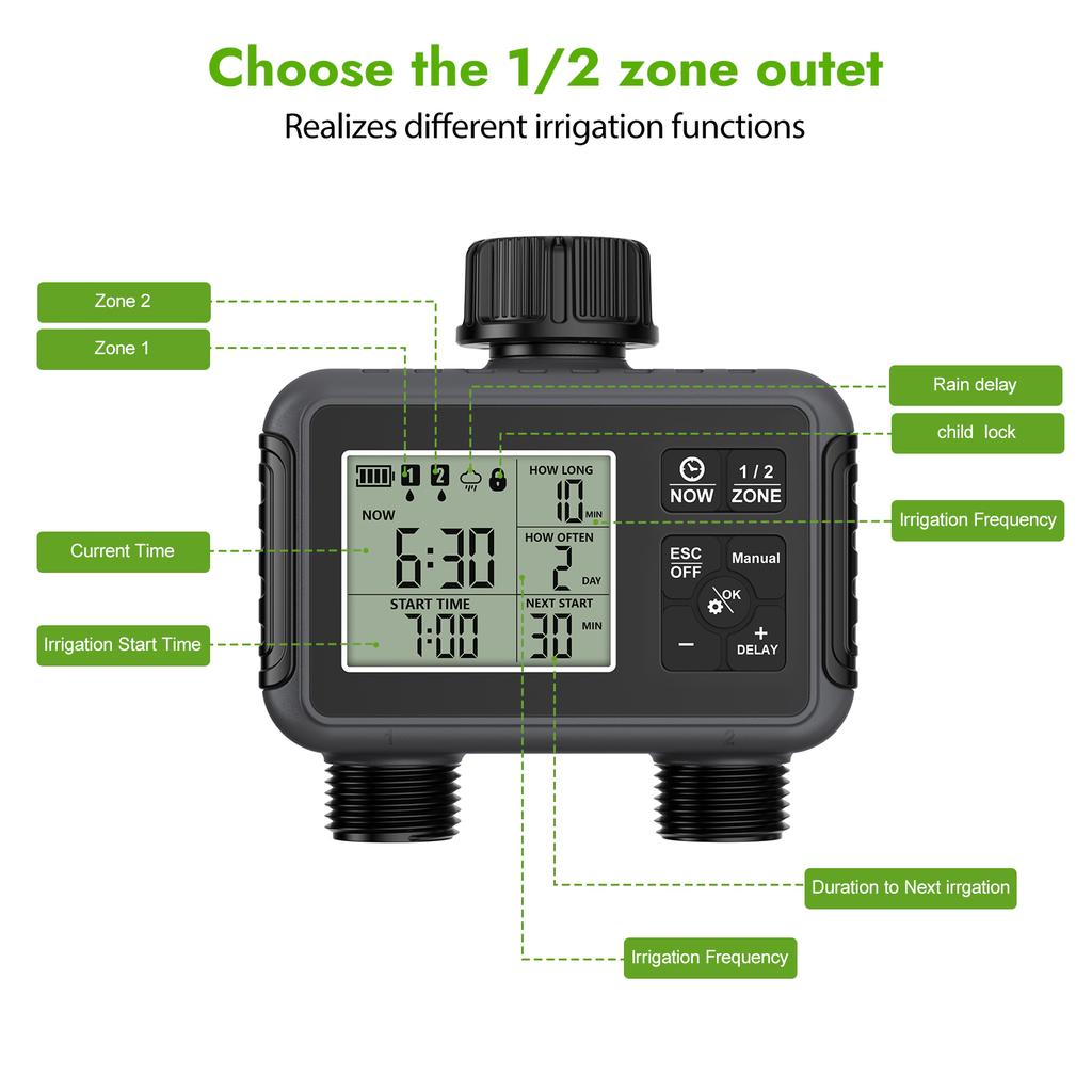 Programmable Dual-Outlet Water Hose Timer, Rainproof Irrigation Controller with Rain Sensor for Automatic Garden Watering