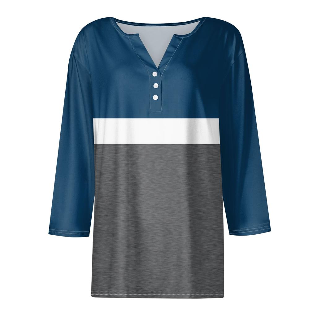 Damen T-Shirt mit Aufdruck, Knopfleiste, 3/4-Ärmel, für den Alltag, Wochenende, Basic, V-Ausschnitt, normales Oberteil