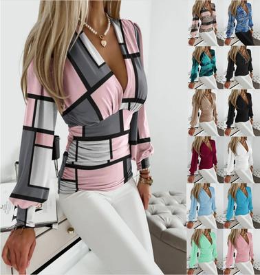 Mode Lässig Tiefem V-ausschnitt Langarm Blusen frauen Gedruckt Schlankheits Blusen Sexy Shirts