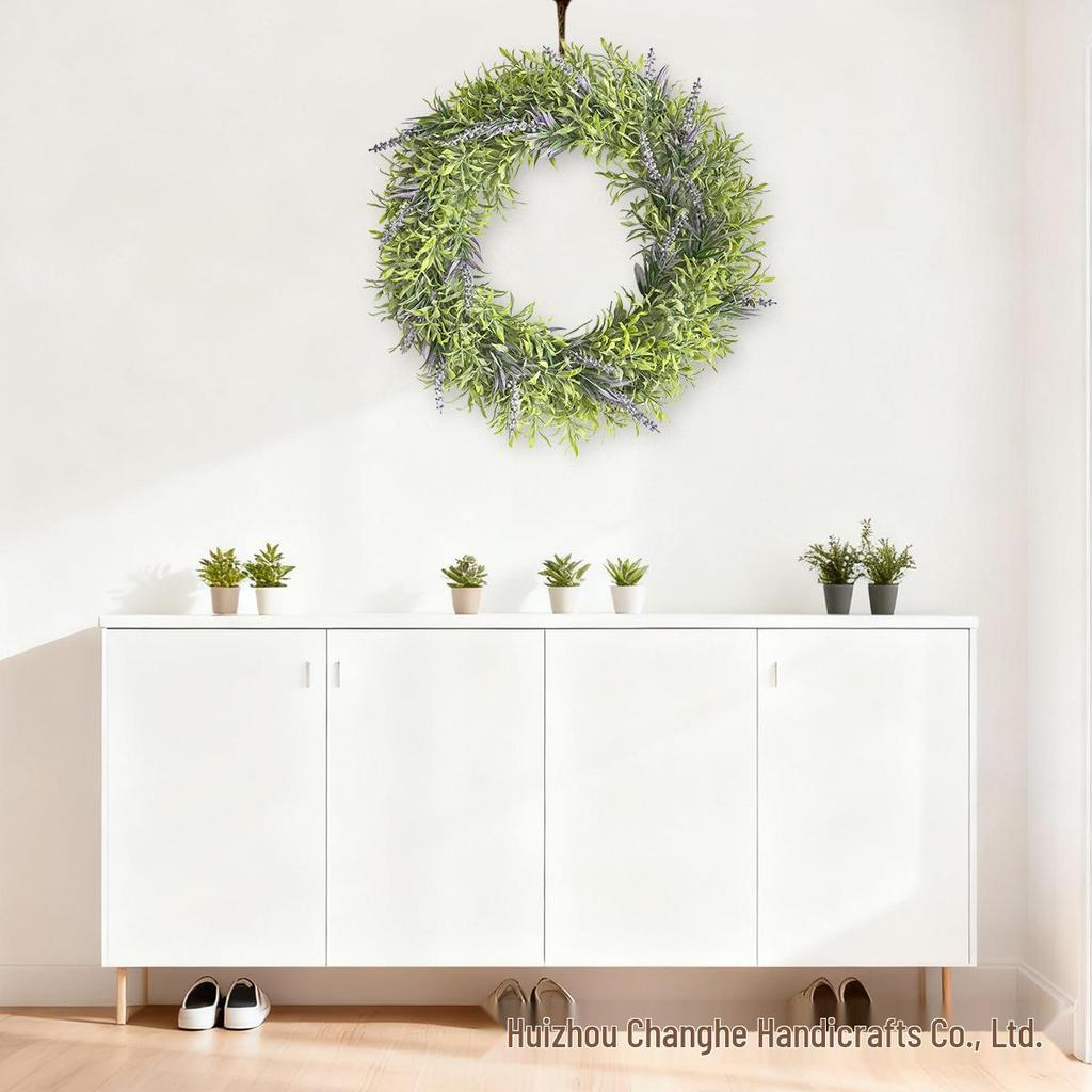 Artificial Lavender and Bamboo Leaf Wreath with Pink Flowers for Home Decoration