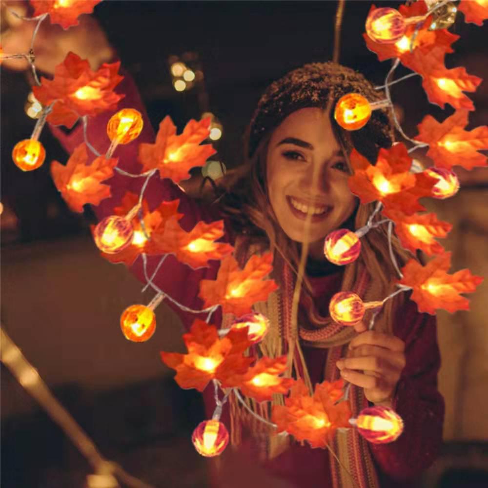 LED Pumpkin & Maple Leaf String Lights for Outdoor Halloween & Thanksgiving Decor