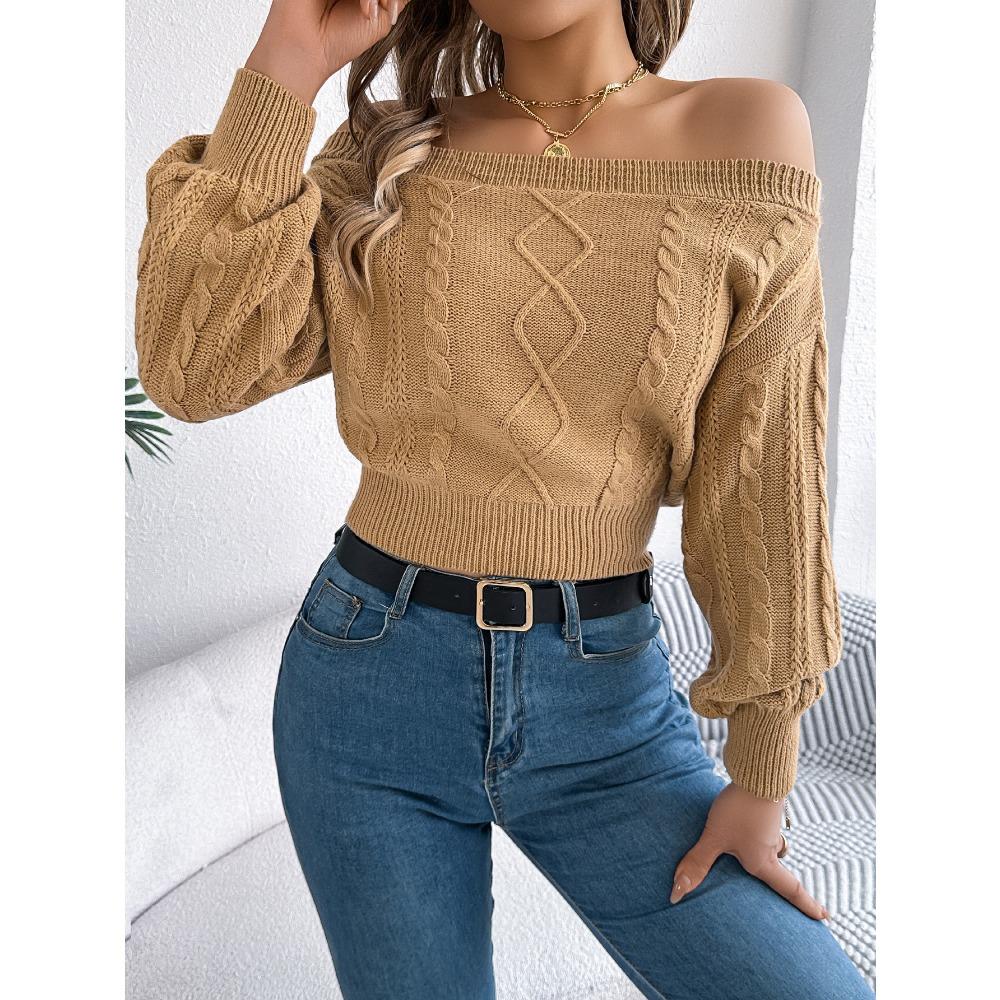 Women's Knitted Sweater Casual Solid Colour Off-the-Shoulder Long-Sleeved Pullover Sweatshirt