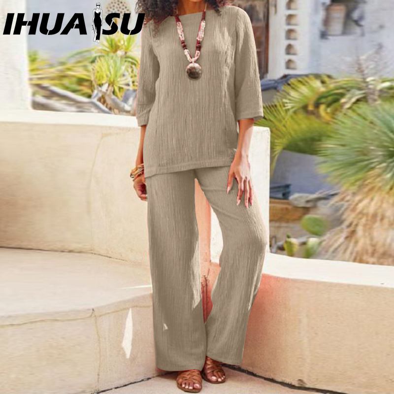 

IHUASU Большой размер Женский однотонный винтажный брючный костюм Хлопок Лен Повседневный С длинным рукавом Свободный Хлопковый костюм XXXXL хаки