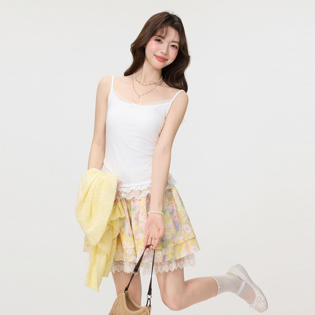 White pure desire bow sling vest women's summer new lace hem slim sleeveless top