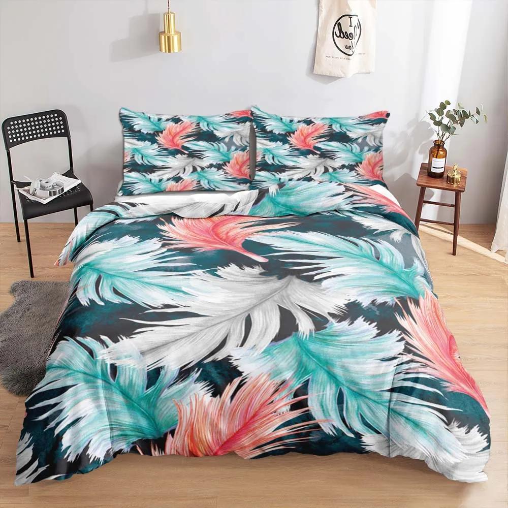 3D Feather King Queen Duvet Cover Blue Bohemian Bird Feather Full Twin Bedding Set Peacock Feather 2/3pcs Polyester Quilt Cover