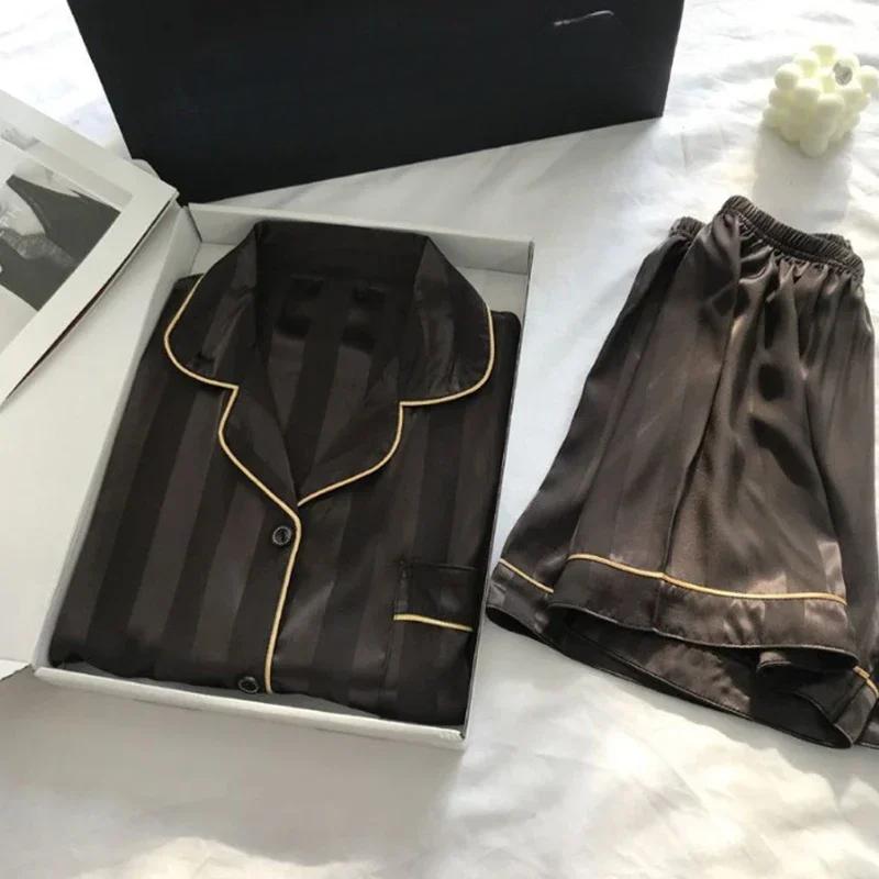 

Женский комплект из 2 предметов для сна и отдыха, бесшовный атласный топ и шорты, полосатая рубашка с коротким рукавом на пуговицах и штаны, пижама XXL чёрный