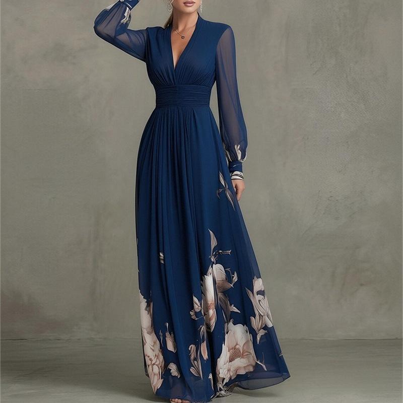 2026 Cross-border Foreign Trade Women's Clothing, New Spring Models In Europe, America, Fashionable and Elegant Printed Waist V-neck Pendulum Dress