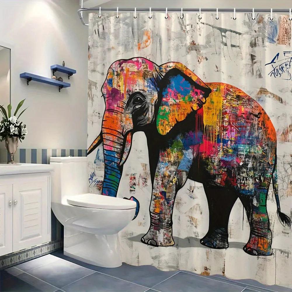 Colorful Graffiti Elephant Shower Curtain, 12 Hooks, Durable Polyester, Modern Bathroom Decor