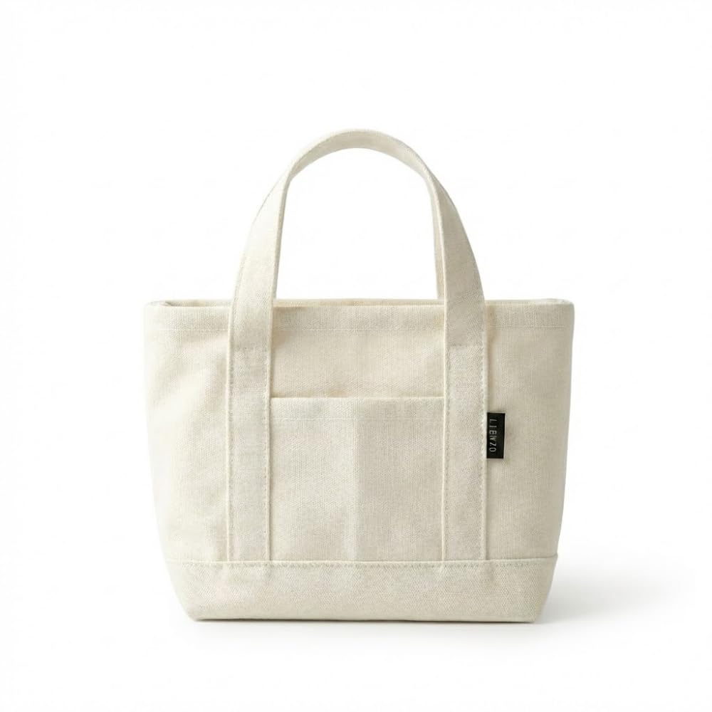 

[komakusa] [Essentials Bag] Mini Tote Bag with Front Pocket, Small Canvas Bag for Men and Women, Compact and Cute for Walks (White)