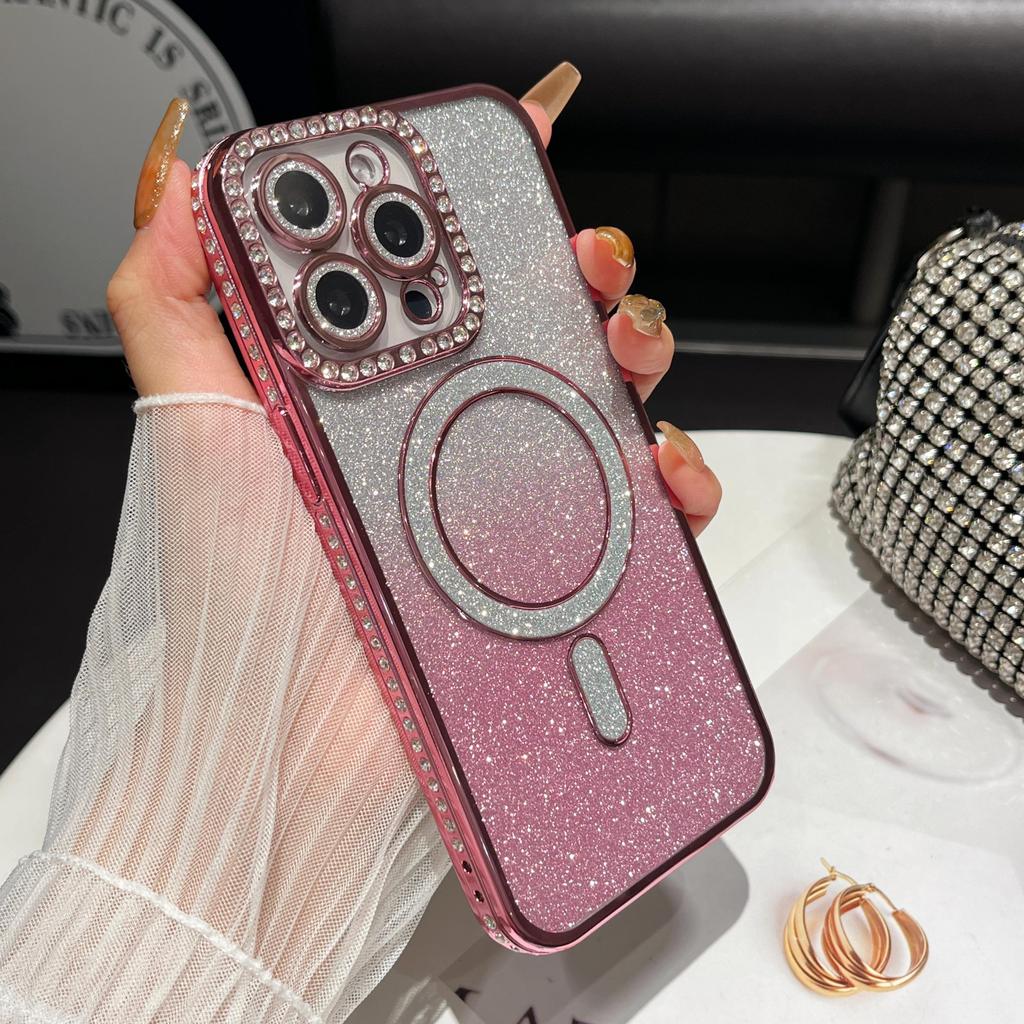 Plating Glitter Bling Diamond Camera Lens Protector Bumper Phone Case For iPhone 17 Air 16 15 14 Pro Max Samsung S25 S24 S23 Magnetic Protective Cover