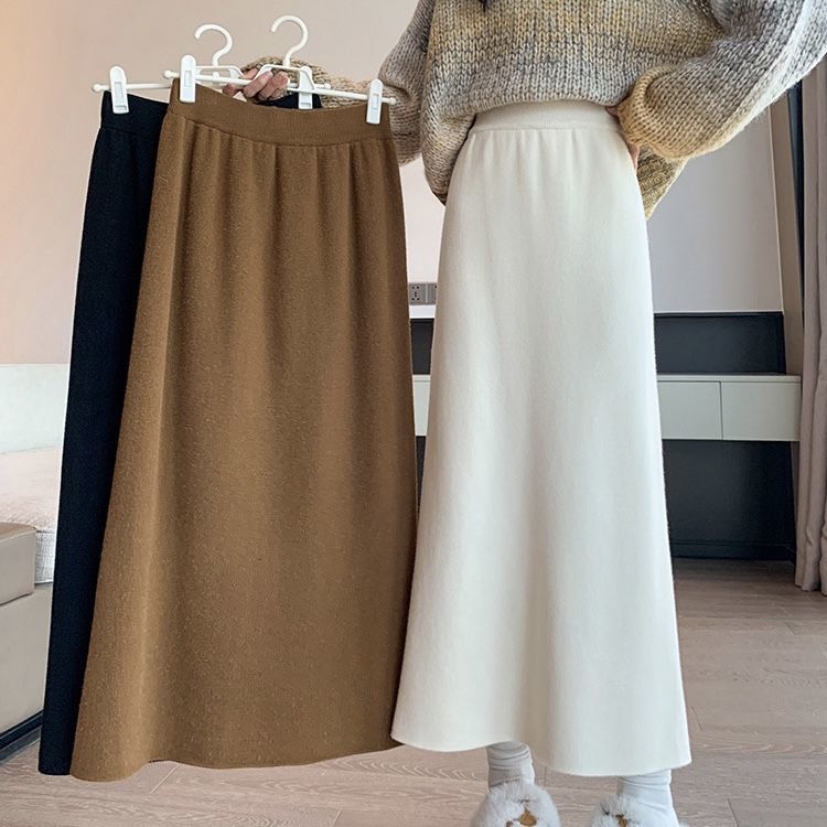 Winter Fleece Lined High Waist Thick Knit Long Skirt with Slit Straight Tube