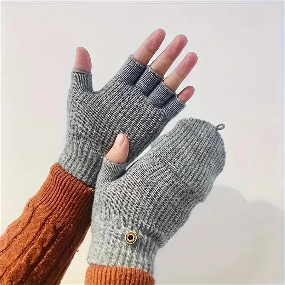 Men Women Winter Gloves Half Finger Open Flip Design Flap Warm Gloves Knitted Thickened Windproof Hand Cover Gifts for Outdoor